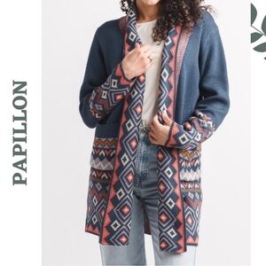 Papillon Blue Aztec Knit Cardigan Long Open Sweater Large